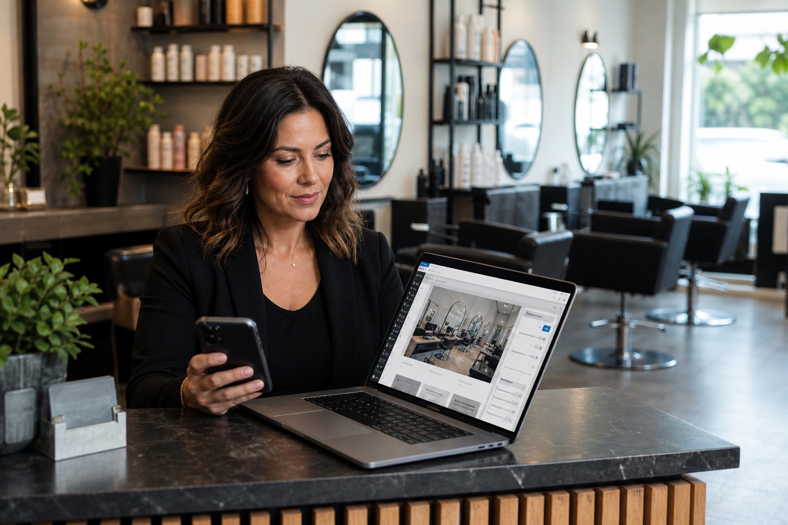 Salon owner improving her service website with AI-assisted content