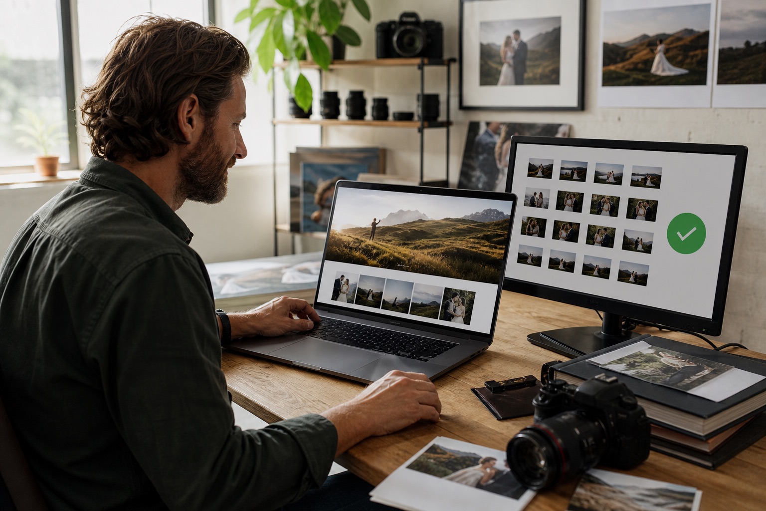 Independent photographer viewing a restored portfolio website in the studio