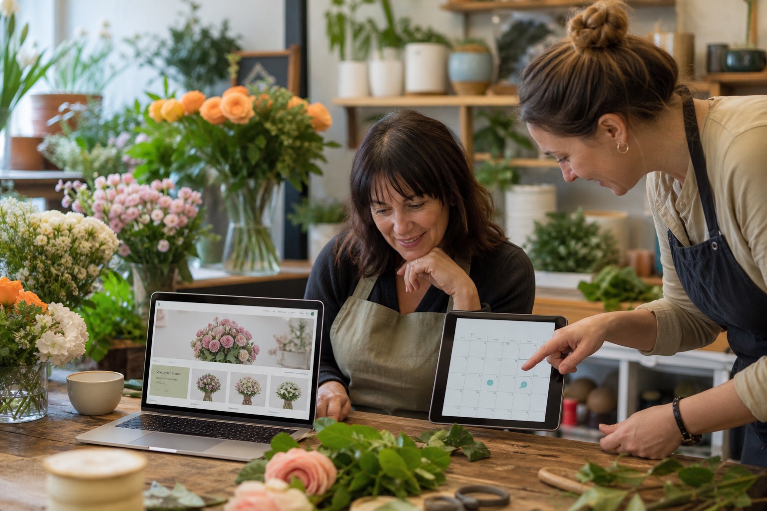 Flower shop owner reviewing website backup versions with a support specialist