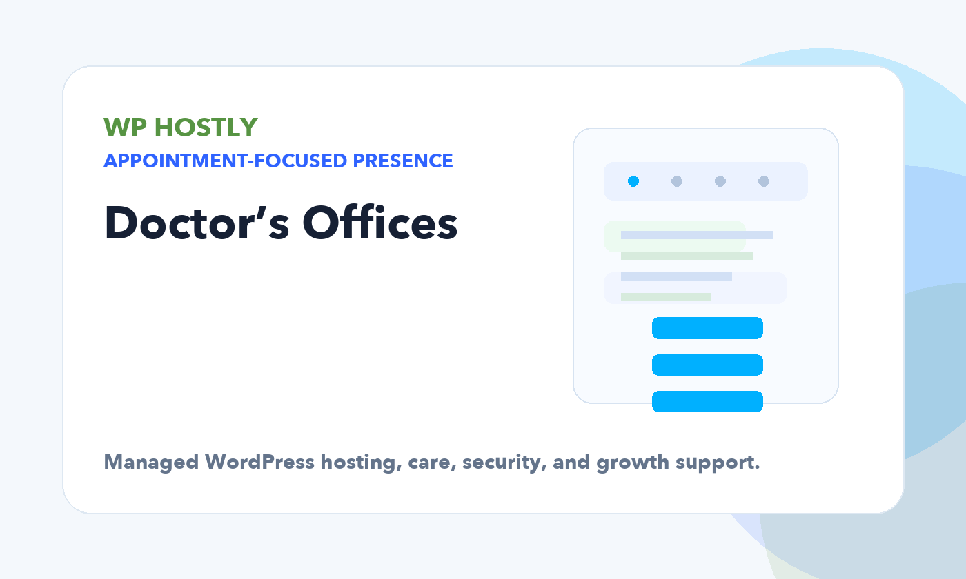 Doctors Offices Hero graphic for WP Hostly managed WordPress hosting