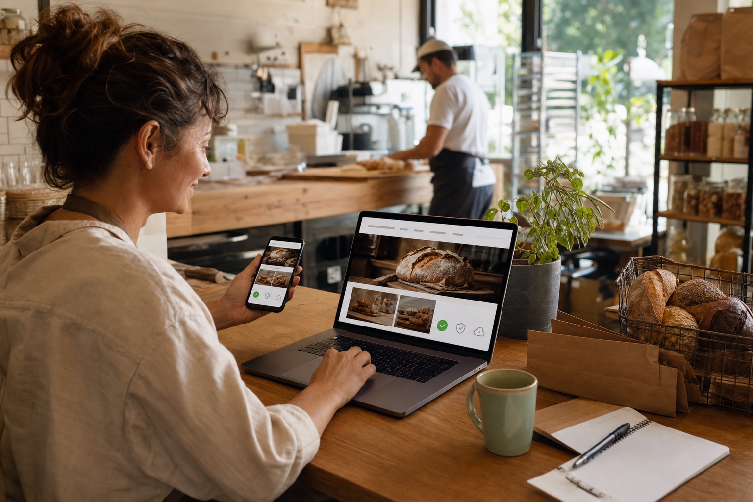 Bakery owner reviewing her business website on a laptop and phone