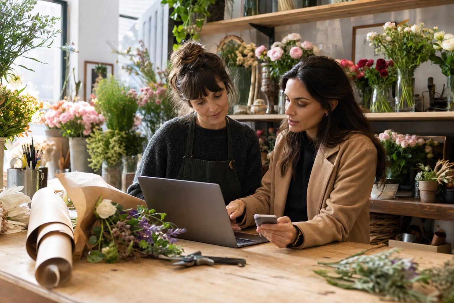 Florist reviewing a campaign landing page and customer inquiries in her shop