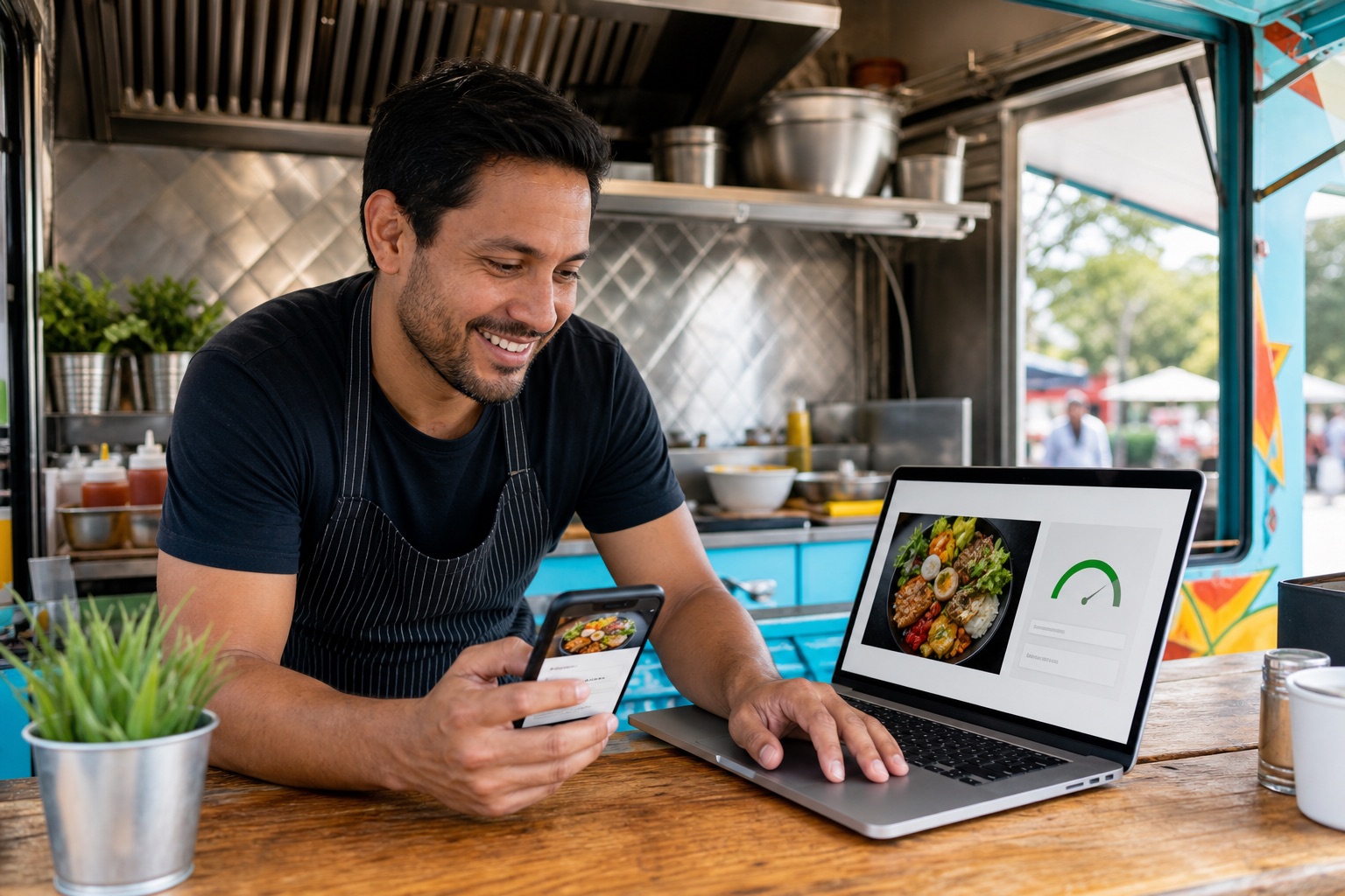 Food truck owner testing the speed of the business website on a phone and laptop