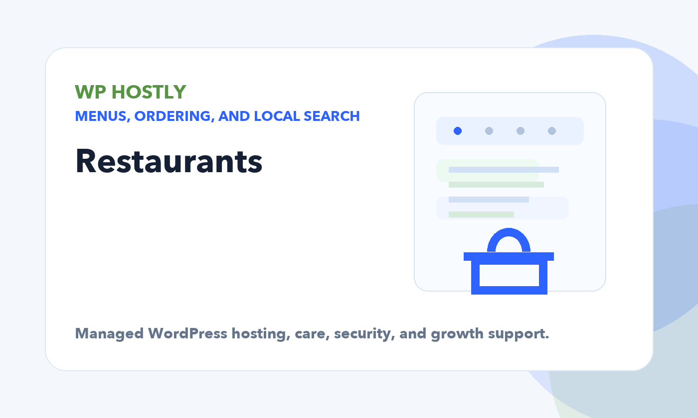 Restaurants Hero graphic for WP Hostly managed WordPress hosting