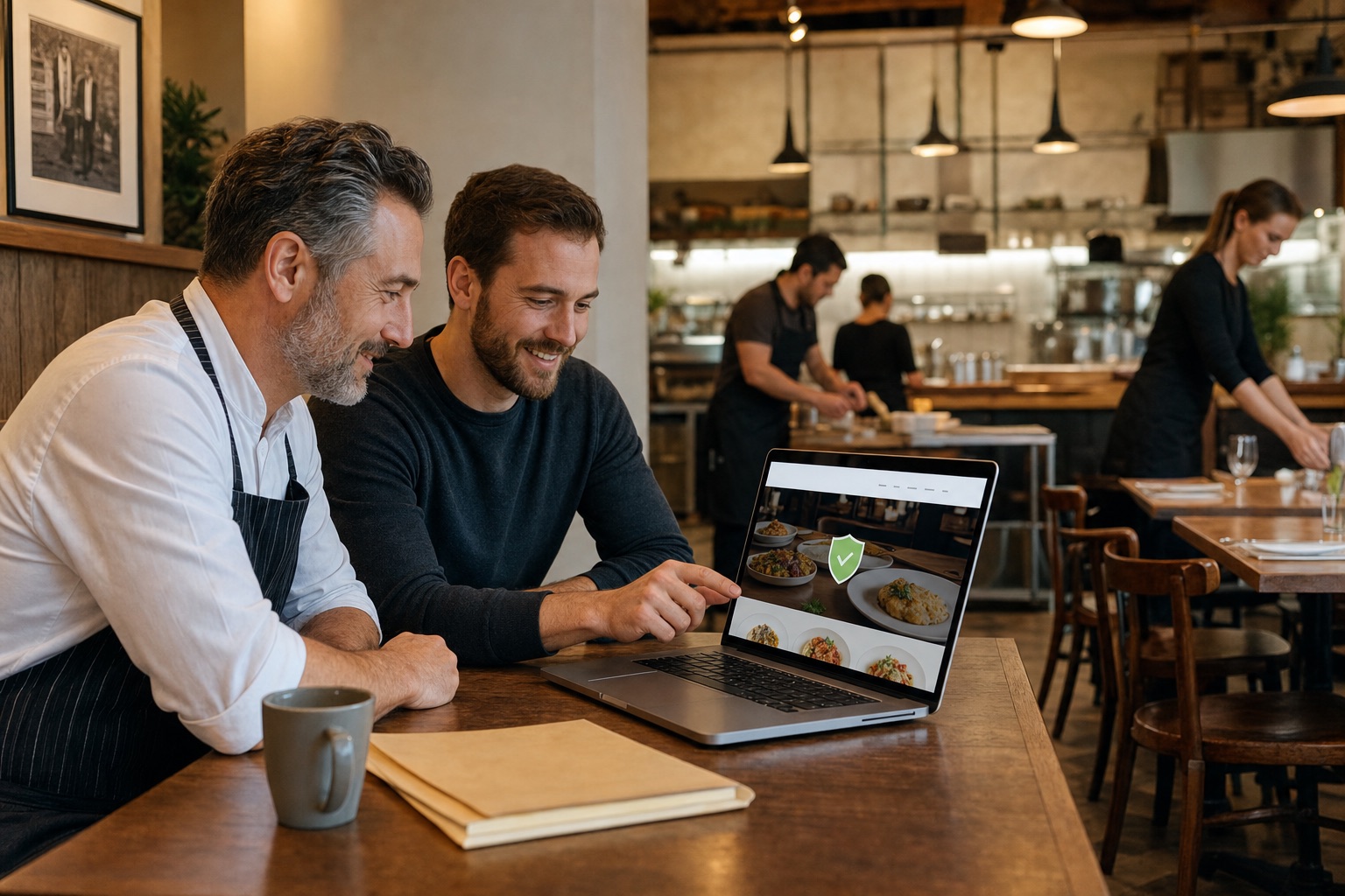 Restaurant owner reviewing a repaired business website with a security specialist