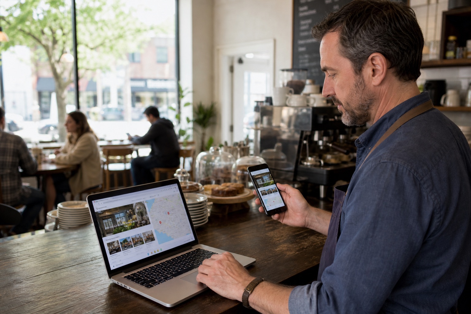 Coffee shop owner reviewing the business website and local map listing