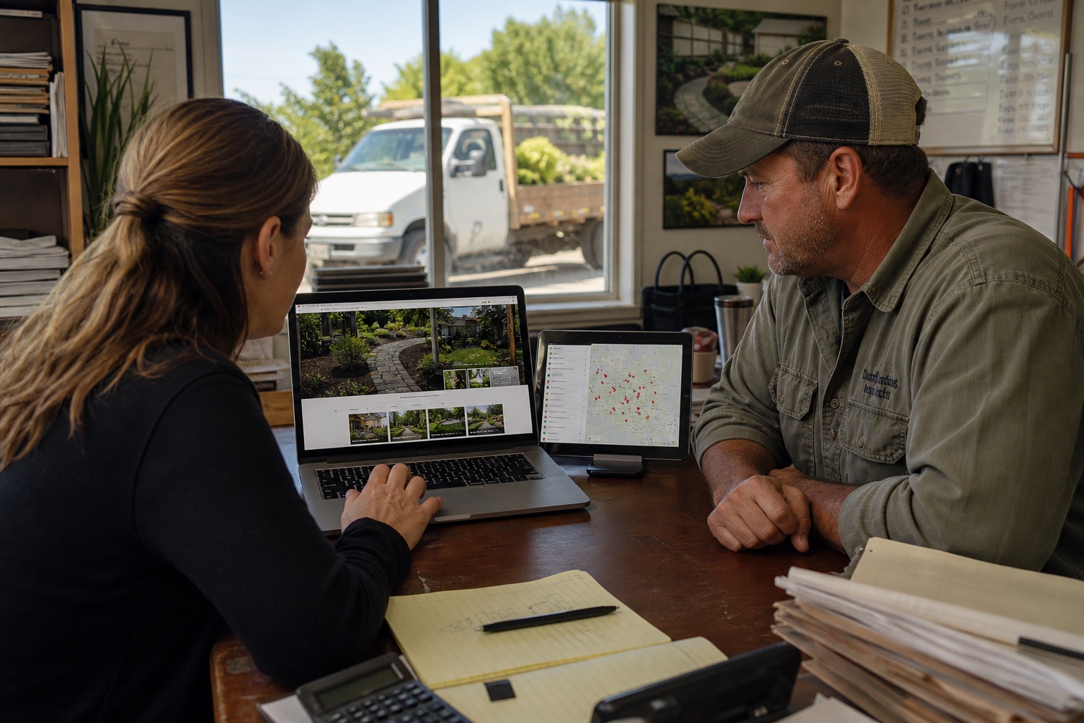 Landscaping business owner reviewing local search visibility and website inquiries