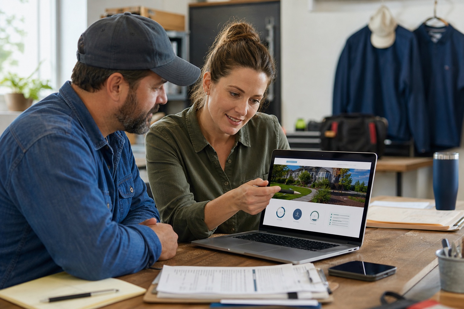 Small business owners reviewing their company website with a WordPress specialist