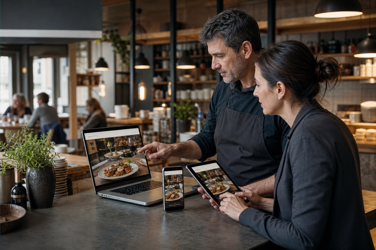 Restaurant owner reviewing a responsive website across laptop tablet and phone