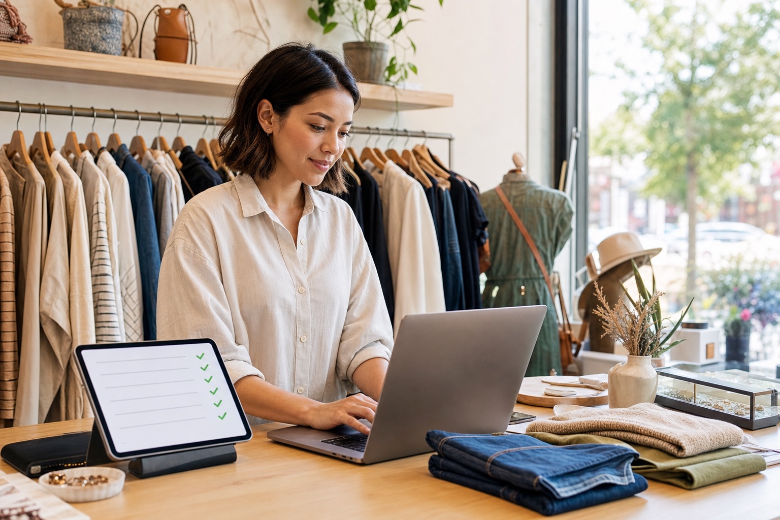 Boutique owner updating her store website from the shop counter