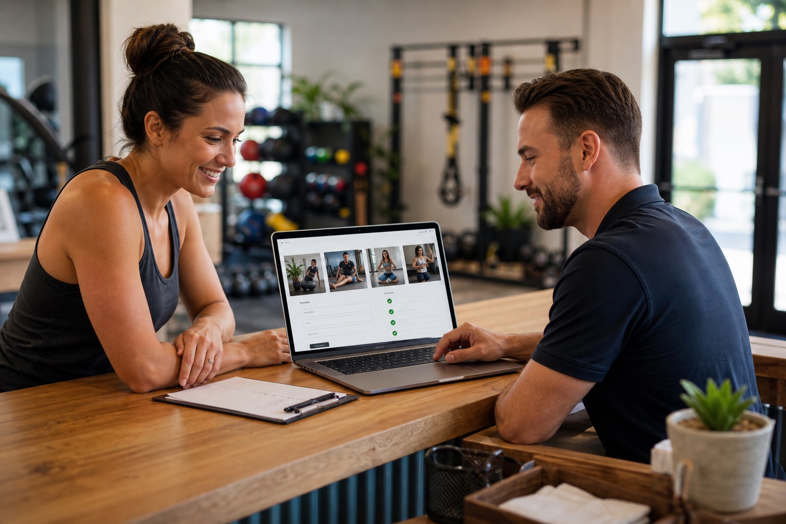 Fitness studio owner reviewing WordPress care with a website specialist