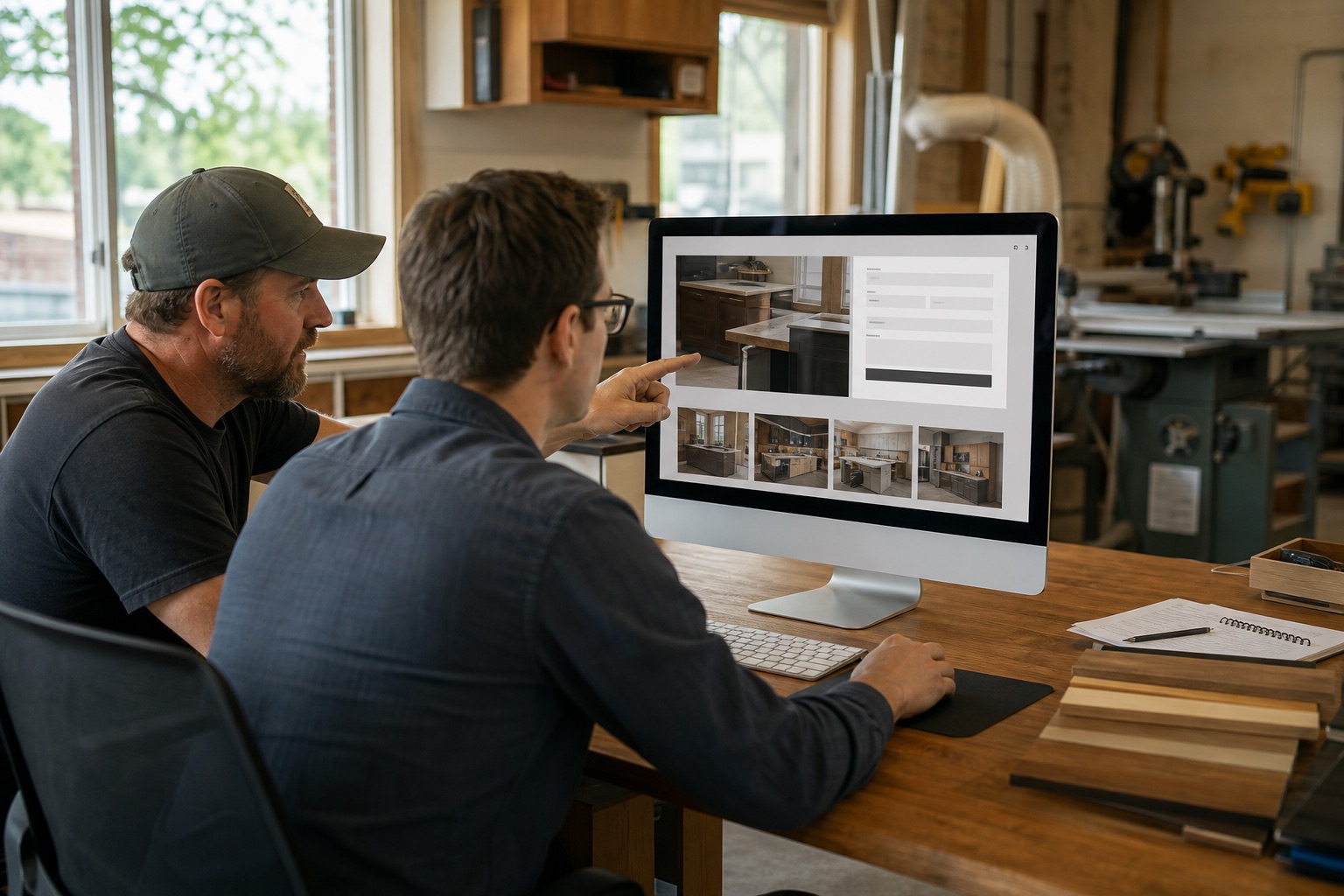 Woodworking business owner reviewing a custom website quote form