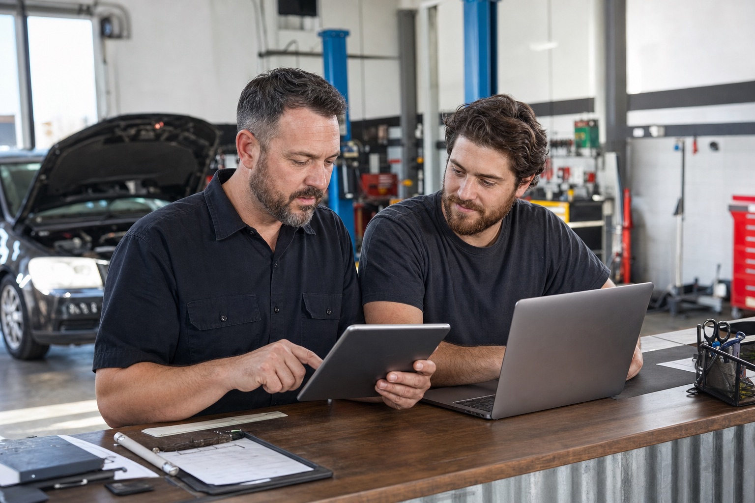 Auto repair shop owner testing a custom online appointment feature