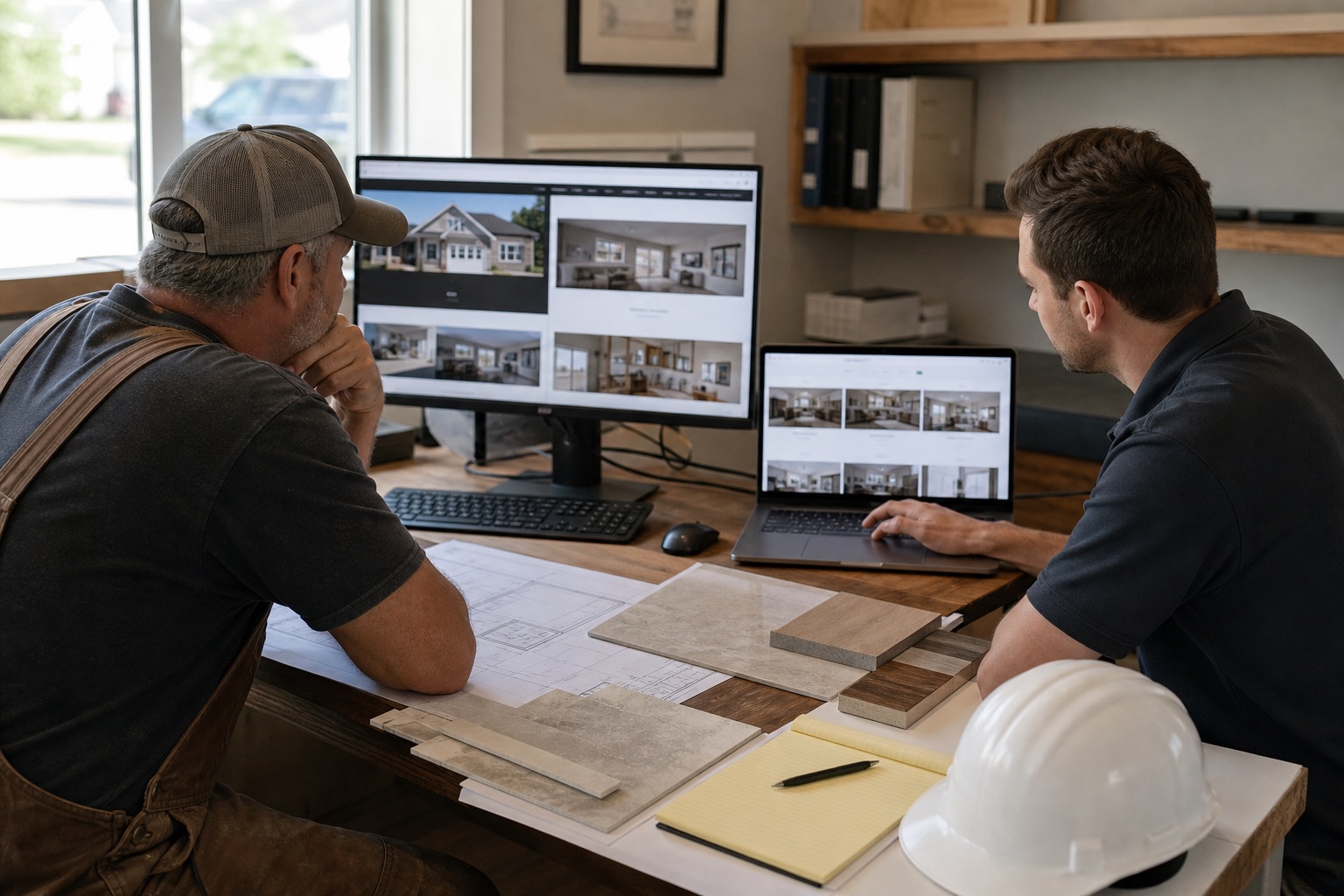 Construction business owner reviewing old and newly migrated websites